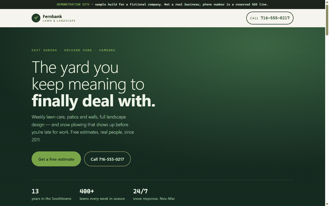 The Fernbank landscaping demo: a deep green page with the headline "The yard you keep meaning to finally deal with" and a Get a free estimate button.