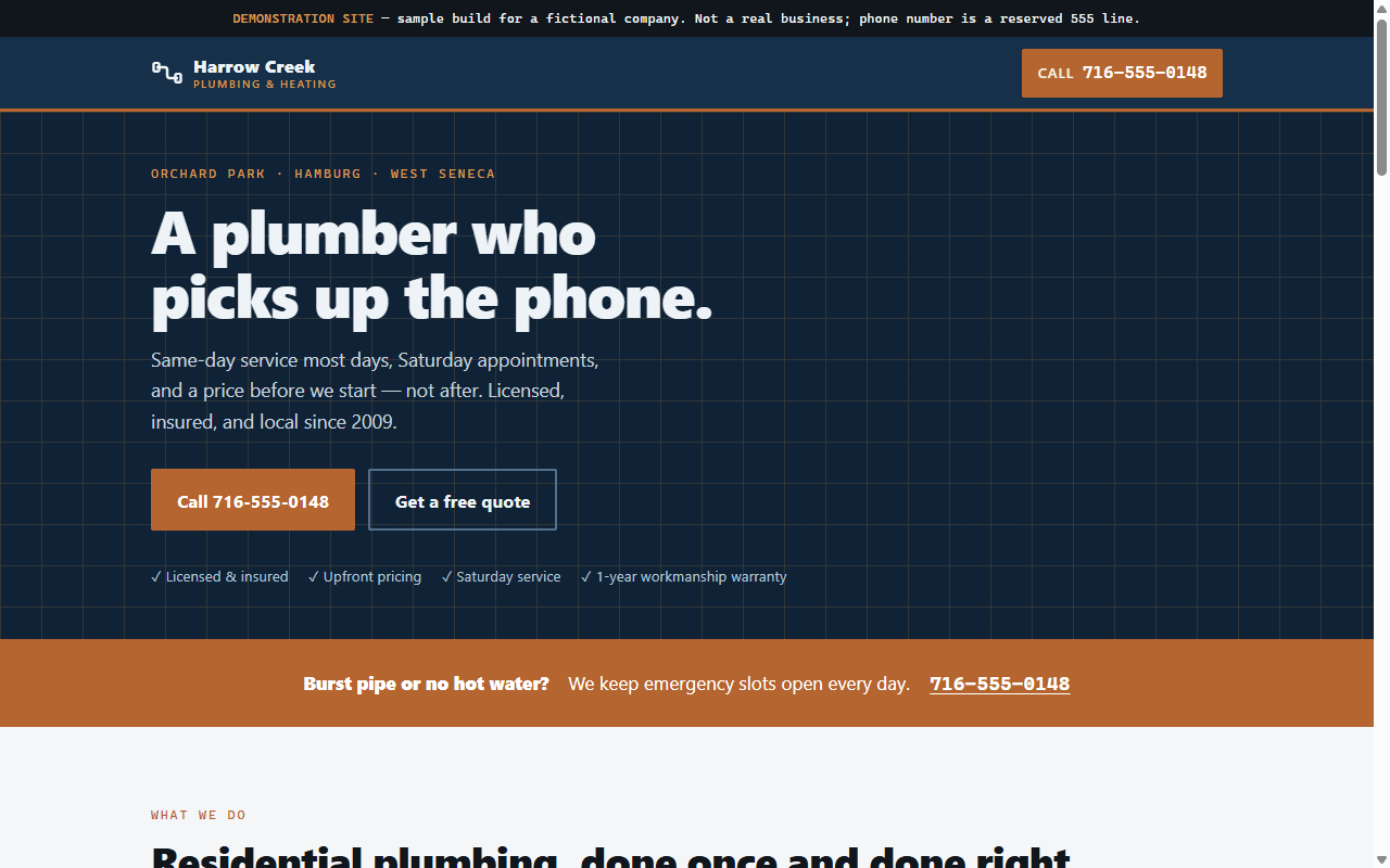 The Harrow Creek plumbing demo: a dark navy page with the headline "A plumber who picks up the phone" and a copper Call button.